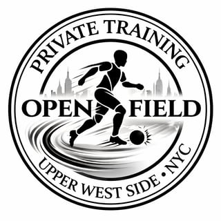 Open Field soccer training logo featuring a player kicking a ball with city skyline, Upper West Side NYC