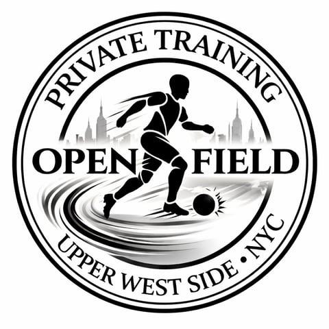 Open Field soccer training logo featuring a player kicking a ball with city skyline, Upper West Side NYC